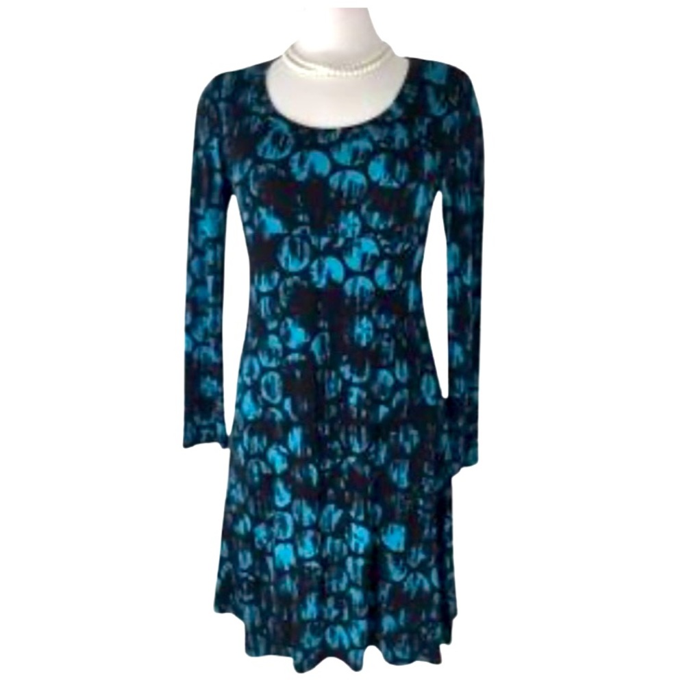 Vintage Karen Kane Blue Black Abstract Midi Dress Stretch XS NWOT - Picture 2 of 3